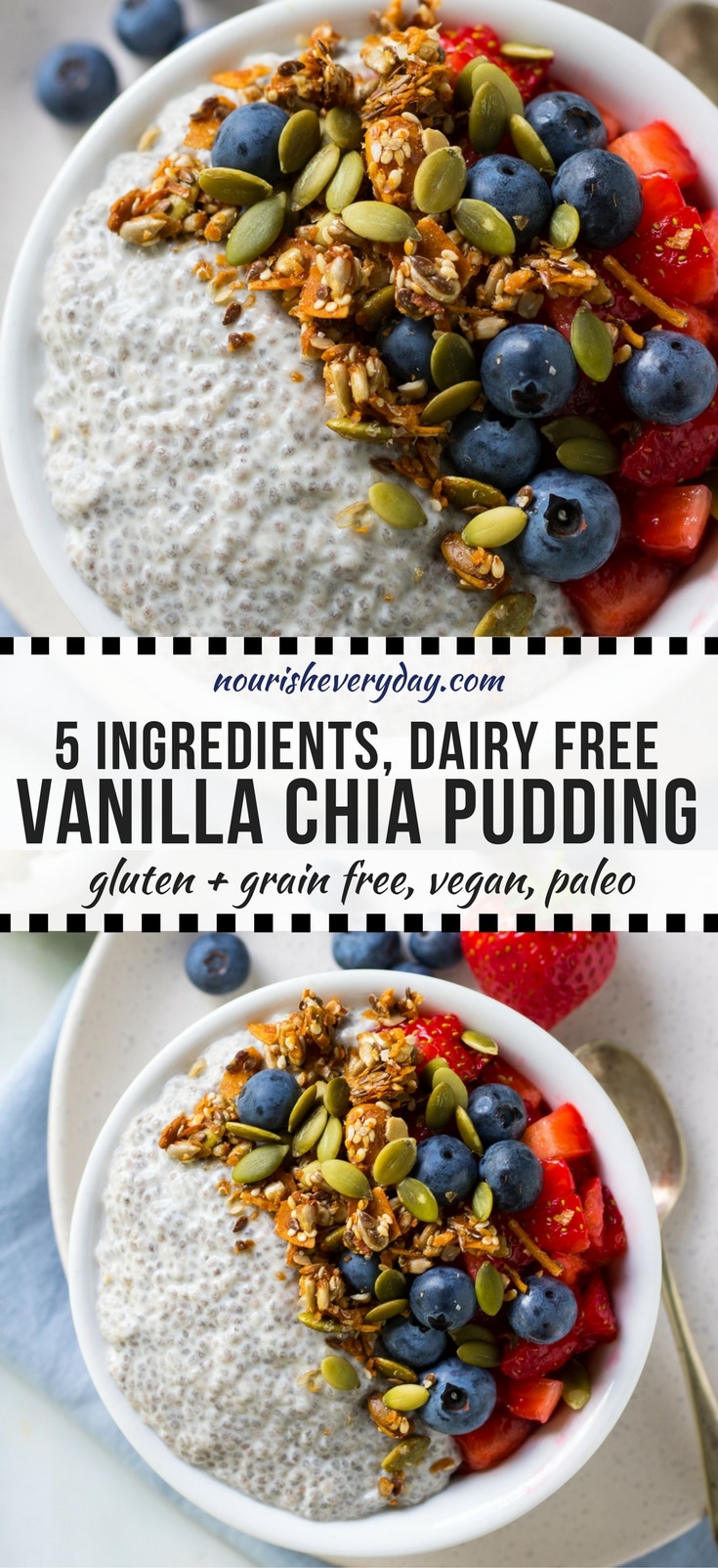 Simple vanilla chia pudding made #dairyfree with coconut milk, maple and vanilla. An easy healthy breakfast or snack, add berries and granola on top! #vegan #chiapudding #glutenfree