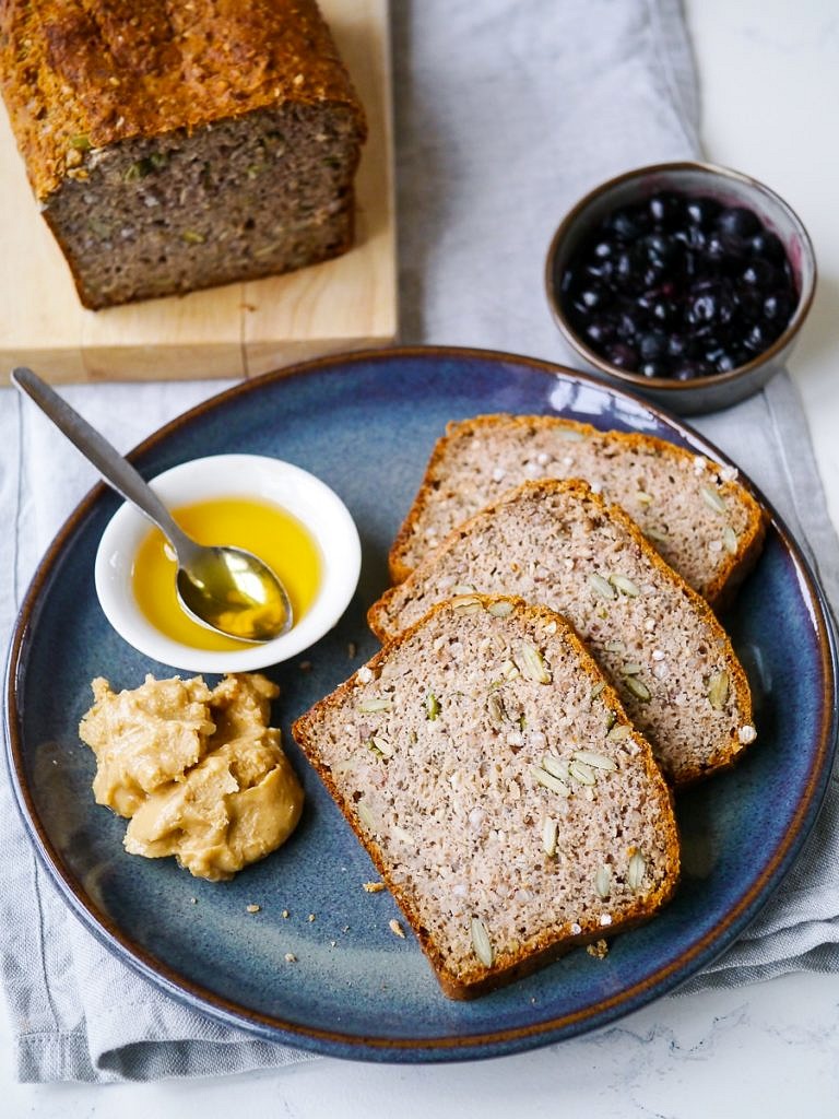 A healthy, and very easy recipe for a vegan buckwheat bread made gluten free using chia seeds, buckwheat flour and almond meal. Recipe via Nourish Everyday