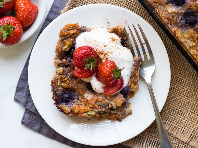 This easy, healthy paleo baked oatmeal or "noatmeal" is a grain free twist on breakfast using sweet potato, flax, coconut and eggs.