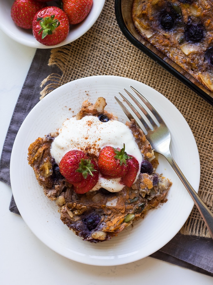 This easy, healthy paleo baked oatmeal or "noatmeal" is a grain free twist on breakfast using sweet potato, flax, coconut and eggs. (gluten free, dairy free)