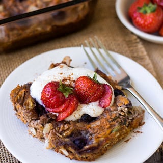 This paleo baked oatmeal or "noatmeal" is a grain free twist on breakfast using sweet potato, flax, coconut and eggs. Healthy, easy and delicious! (grain free, gluten free, dairy free)