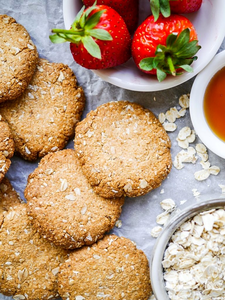 This easy buckwheat ANZAC biscuits recipe is wheat free, dairy free and nut free, plus gluten free if you have gluten free oats. A simple vegan biscuit with that classic combo of oats and coconut! Recipe by Nourish Every Day