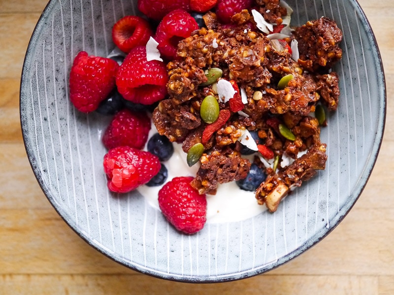 Festive Chocolate Buckwheat Granola by Nourish Everyday - a delicious gluten free crunchy, chunky granola that is also free from refined sugar and dairy!