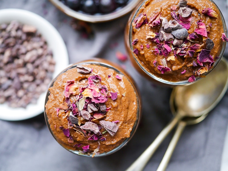 Sweet potato chocolate mousse in a dessert glass