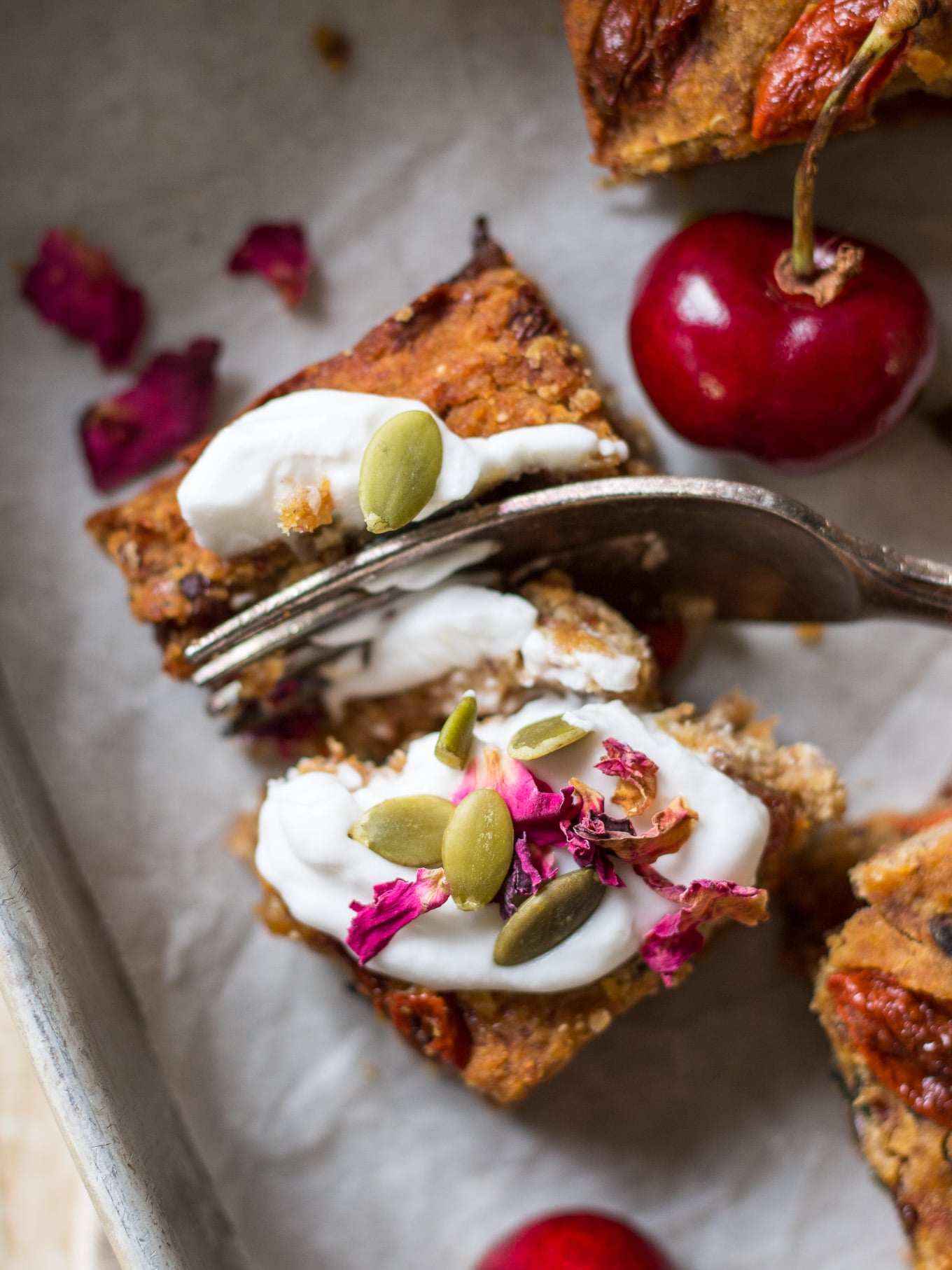 Nut Free Vegan Fruit Slice (gluten free) - easy to make, loads of natural sweetness, serve it with a dollop of coconut yoghurt and a sprinkle of pumpkin seeds like shown here. #vegan #fruitcake #glutenfree