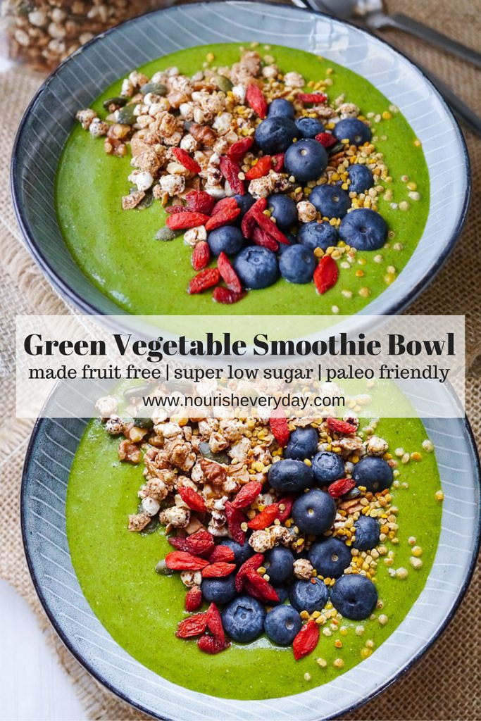 A low sugar green vegetable smoothie bowl made without fruit and packed with protein. It's surprisingly sweet and delicious! Dairy free, vegan, paleo