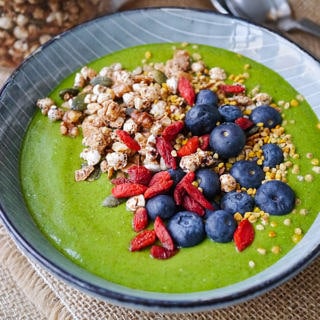 A low sugar green vegetable smoothie bowl made without fruit and packed with protein. It's surprisingly sweet and delicious! Dairy free, vegan, paleo. Recipe via wordpress-6440-15949-223058.cloudwaysapps.com