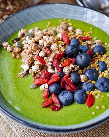 A low sugar green vegetable smoothie bowl made without fruit and packed with protein. It's surprisingly sweet and delicious! Dairy free, vegan, paleo. Recipe via wordpress-6440-15949-223058.cloudwaysapps.com