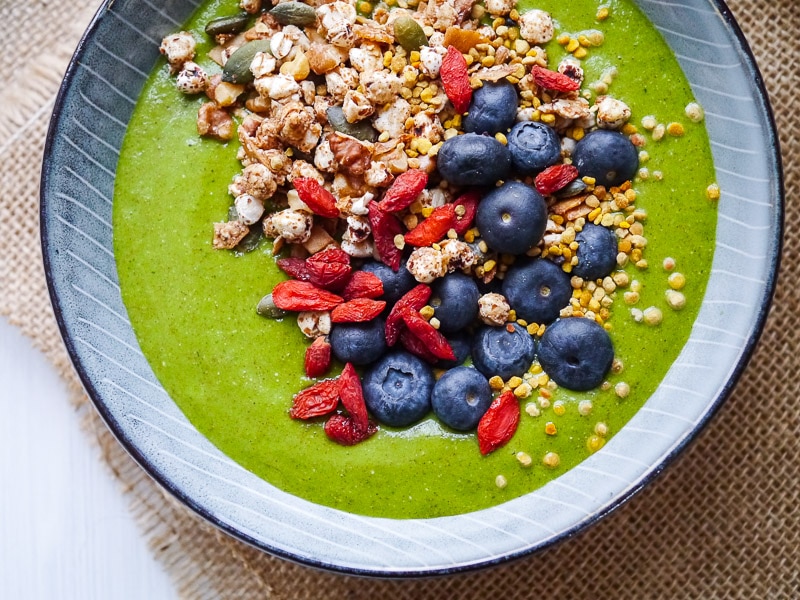A low sugar green vegetable smoothie bowl made without fruit and packed with protein. It's surprisingly sweet and delicious! Dairy free, vegan, paleo