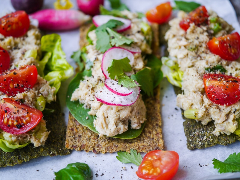 Salmon, Avocado and Tahini Open Sandwiches | wordpress-6440-15949-223058.cloudwaysapps.com | a healthy, easy and economical sandwich filling using canned salmon paired with fresh avocado and creamy tahini for healthy fats. Delicious, dairy free and sugar free!