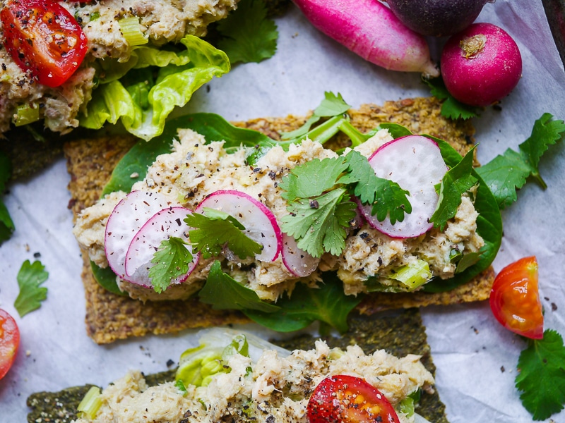 Salmon, Avocado and Tahini Open Sandwiches | wordpress-6440-15949-223058.cloudwaysapps.com | a healthy, easy and economical sandwich filling using canned salmon paired with fresh avocado and creamy tahini for healthy fats. Delicious, dairy free and sugar free!