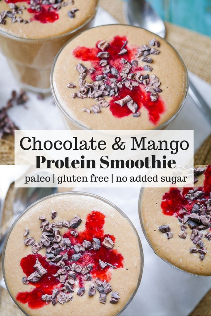 This paleo chocolate mango protein smoothie recipe is nourishing, healthy and delicious. The perfect quick breakfast or snack. Refined sugar free!
