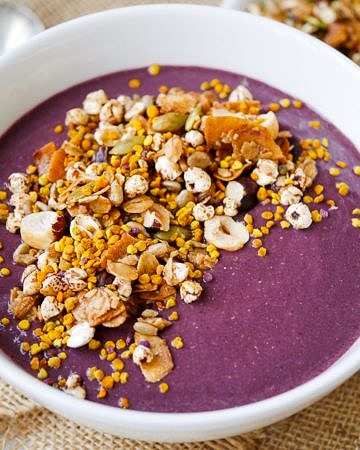 Beetroot Blackberry and Chia Smoothie Bowl by Nourish Everyday - A luscious, sweet and satisfying healthy smoothie made with beetroot, tangy blackberries and protein-rich chia seeds. Gluten free and dairy free!
