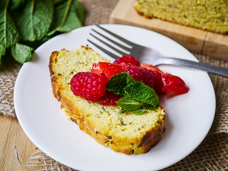Almond Flour Lemon Zucchini Loaf Cake made with almond flour, coconut flour, fresh lemon, grated zucchini and stevia. Gluten free, dairy free, grain free.