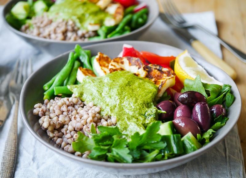 Mediterranean Halloumi Buckwheat Nourish Bowl- a delicious mediterranean inspired grain bowl recipe makes an easy healthy lunch or dinner. Gluten free, sugar free but FULL of flavour!