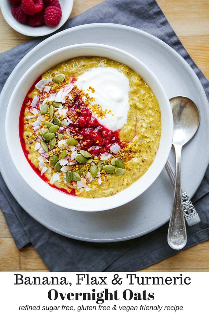 Banana Flax Turmeric Overnight Oats by Nourish Everyday - gluten free, dairy free refined sugar free and vegan friendly. An easy healthy breakfast you can meal prep!