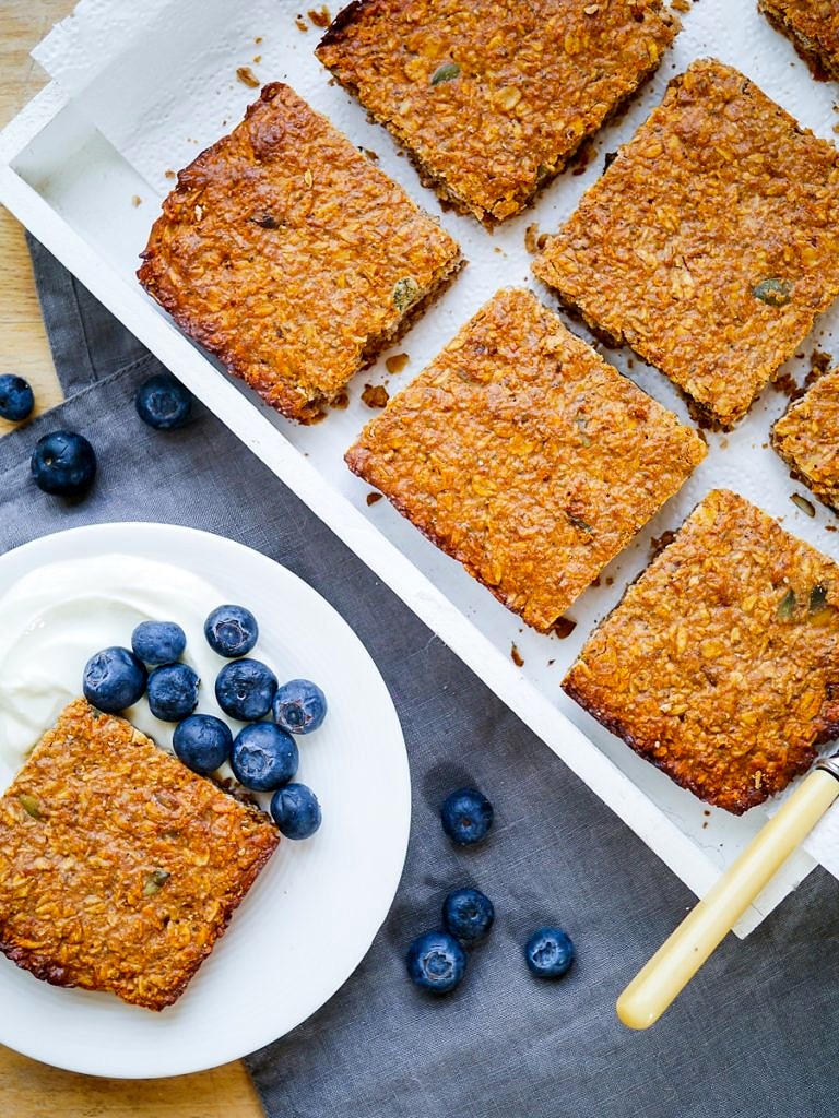 Oat, Apple & Walnut Protein Flapjacks - the perfect healthy snack, gluten free and refined sugar free, with a simple vegan option too!