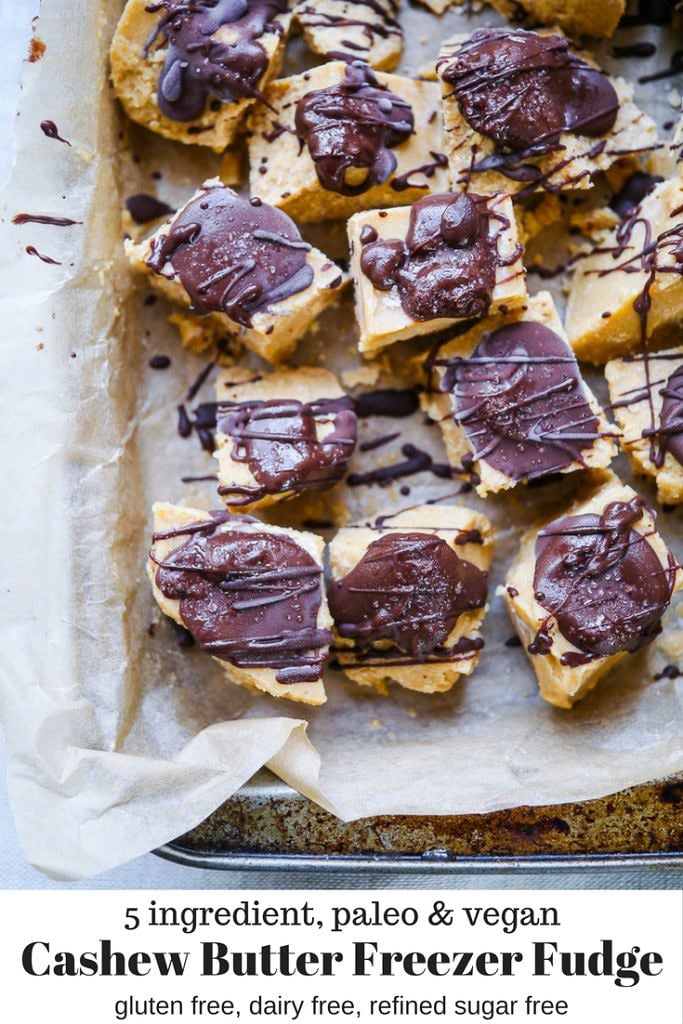 Creamy dreamy cashew butter freezer fudge {paleo, gluten free, dairy free, vegan} - you need this healthy no bake dessert stored in your freezer for a handy easy sweet treat! Only 5 ingredients. #freezerfudge #nobake #paleo
