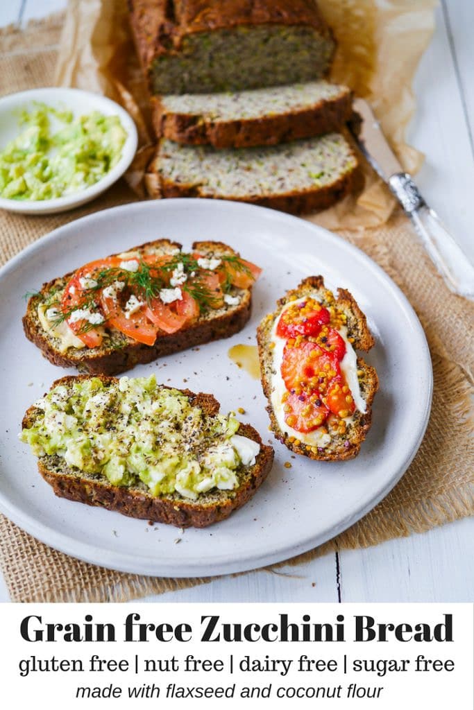 Grain free zucchini bread; made with coconut flour and flaxseed, this is a paleo friendly, gluten free, dairy free, high protein recipe. It's also nut free!