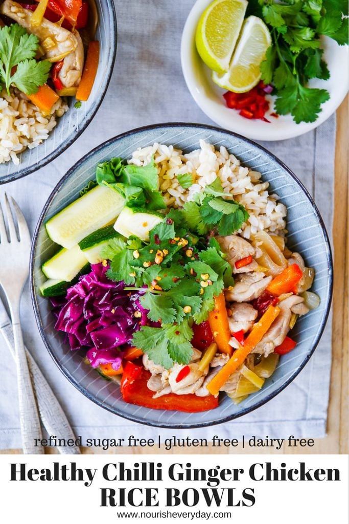 Ginger Chilli Chicken Rice Bowls made with natural real food ingredients, just like takeaway but BETTER. Gluten free, dairy free and low in sugar. An easy healthy dinner that the whole family will love!