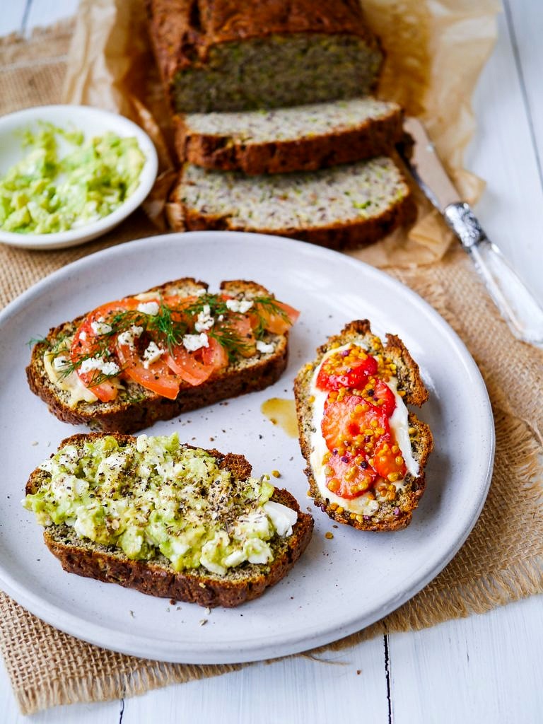 Grain free zucchini bread; made with coconut flour and flaxseed, this is a paleo friendly, gluten free, dairy free, high protein recipe. It's also nut free!