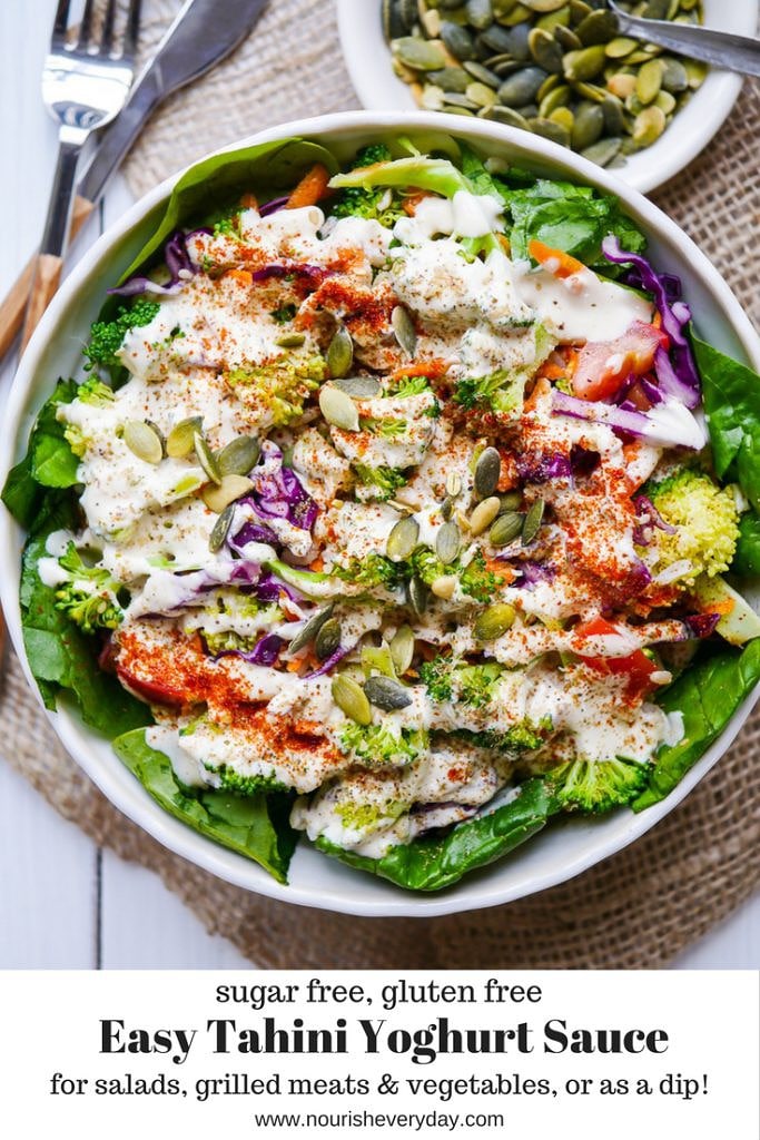 This yoghurt tahini sauce recipe is so versatile and can be used as a dressing or a dip. Gluten free and sugar free, it's so easy and goes with everything! Recipe via wordpress-6440-15949-223058.cloudwaysapps.com