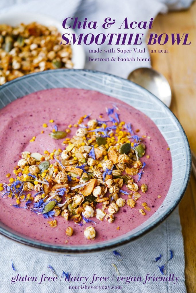 This dairy free chia acai smoothie bowl is a low sugar blend of fruit and vegetables, together with vanilla protein and nut butter for a balanced breakfast!