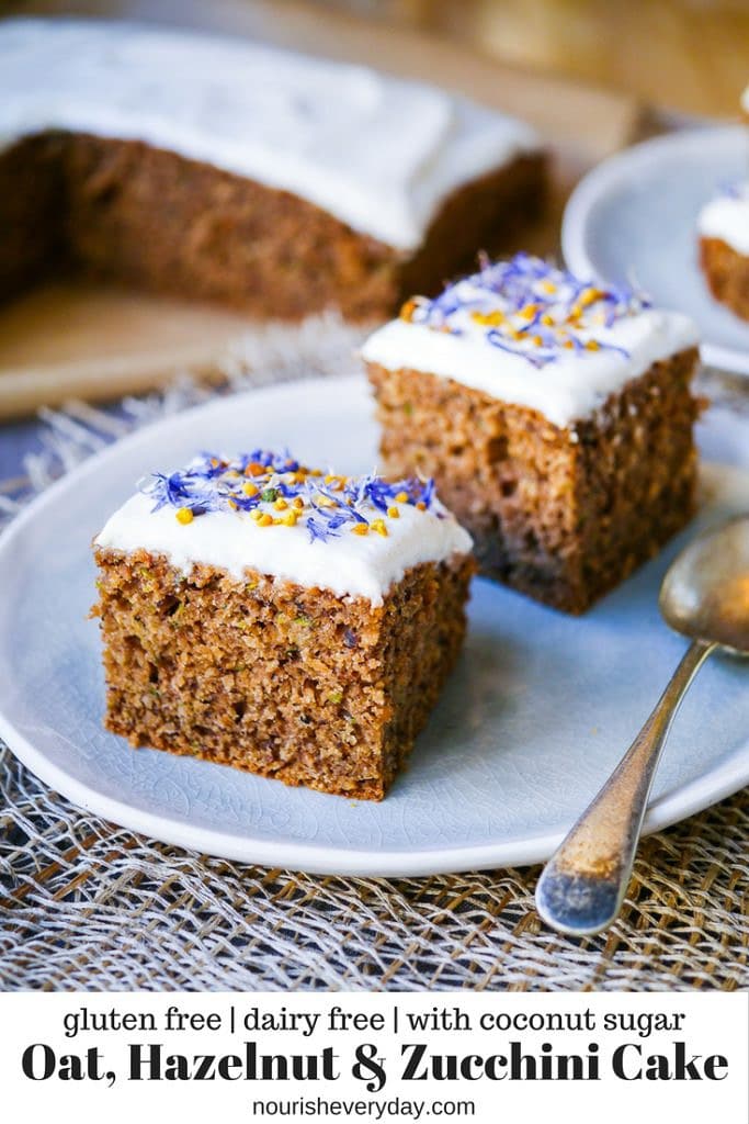 This gluten free zucchini cake recipe combines ground roasted hazelnuts, oats and buckwheat to make a healthier cake that's soft and delicious! Recipe via wordpress-6440-15949-223058.cloudwaysapps.com