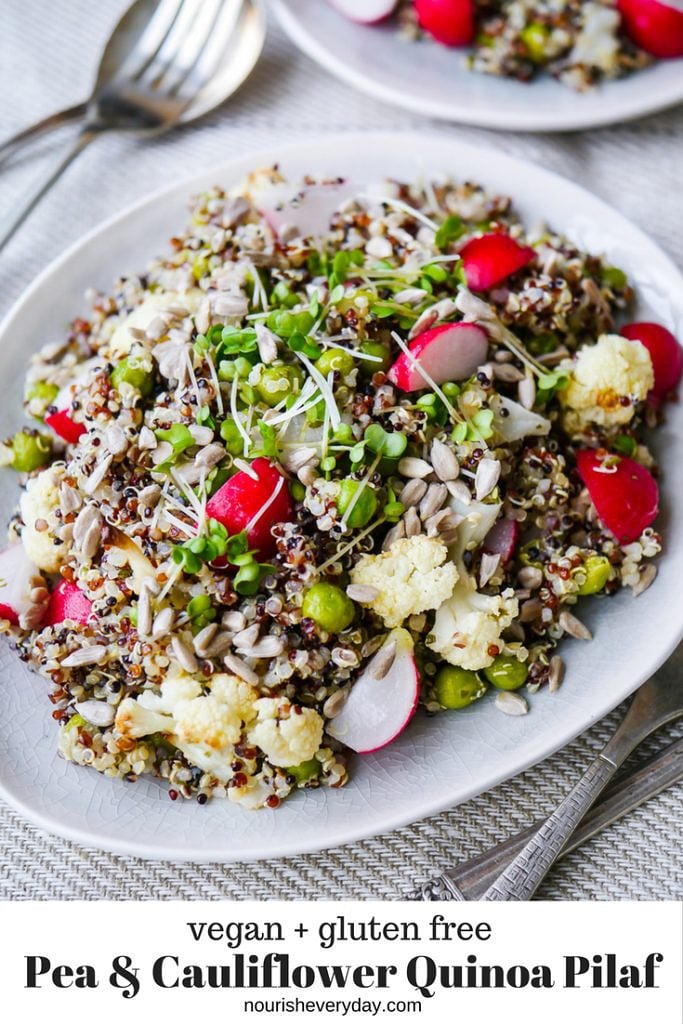 Vegan Pea and Cauliflower Quinoa Pilaf {gluten free, dairy free, sugar free} a healthy recipe perfect as a side dish or for packing into your lunch box!