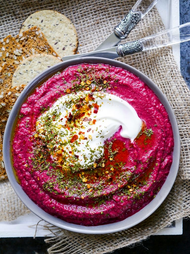 Dairy free Beetroot Lentil Dip recipe. Easy to make, bright, healthy and delicious! A great healthy appetiser or snack that's gluten free and vegan.