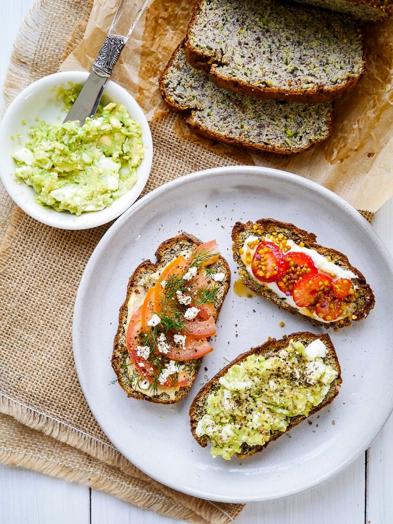 Grain free zucchini bread; made with coconut flour and flaxseed, this is a paleo friendly, gluten free, dairy free, high protein recipe. It's also nut free!