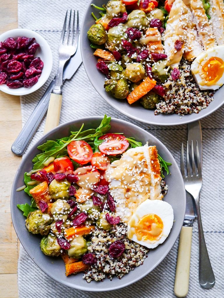 Maple tahini #brusselssprouts quinoa bowls are tasty, satisfying and full of healthy vegetable goodness. You can vary the contents of these bowls to keep them vegan or vegetarian, the base recipe is purely plant-based and flexible. #grainbowls #bowlfood