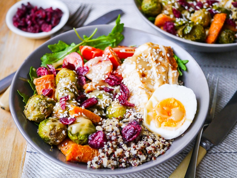 A Maple Tahini Brussels Sprouts Quinoa Bowl packed with healthy vegetable goodness! Dairy free, gluten free & nut free, with a vegan or vegetarian option.