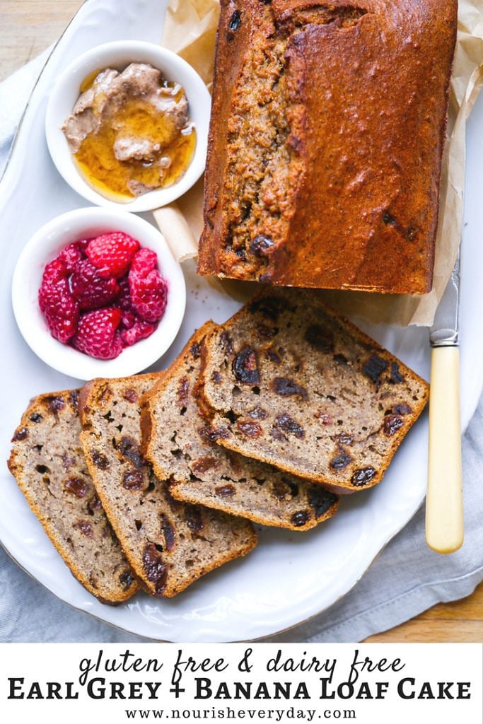 A gluten free earl grey banana loaf cake made with wholegrain flours and naturally sweetened with coconut sugar. Healthy, dairy free and easy to make! by Nourish Everyday