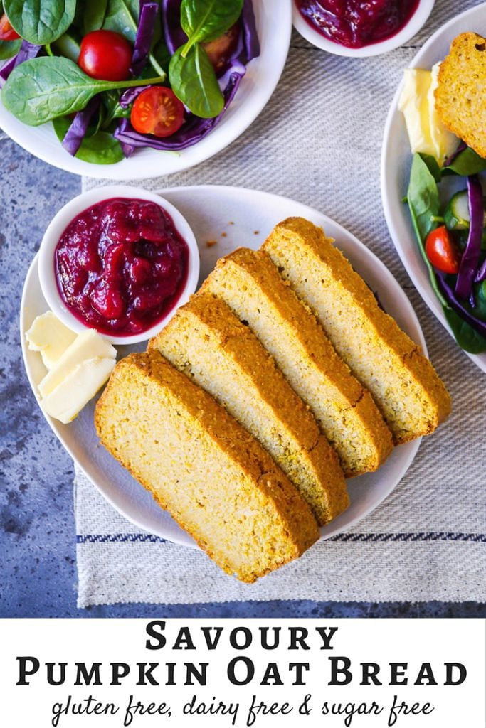 Savoury Pumpkin Oat Bread is so easy to make with your Vitamix! Gluten free, dairy free and sugar free, a great healthy snack or side dish.