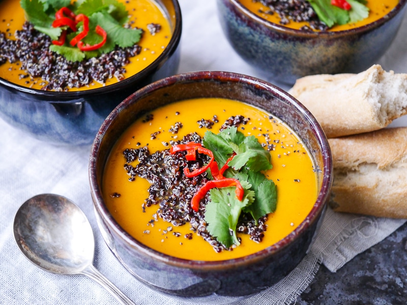 Spiced sweet potato and capsicum soup is healthy and warming. Roasted vegetables and delicious spices combine in this easy gluten free, dairy free meal.