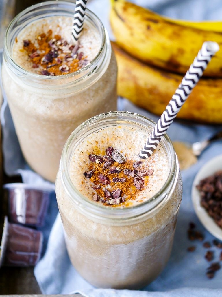 Energise with this Espresso and Maca Banana Smoothie! Gluten free, dairy free and vegan friendly, a great healthy snack or breakfast.