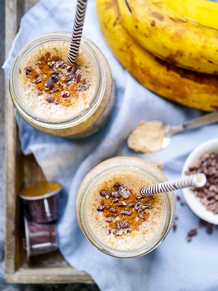 Energise with this Espresso and Maca Banana Smoothie! Gluten free, dairy free and vegan friendly, a great healthy snack or breakfast.