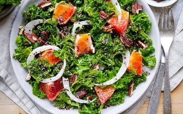 A vibrant, healthy massaged kale and blood orange salad. Finished with crunchy pecans! Gluten free, dairy free and vegan friendly. Recipe via wordpress-6440-15949-223058.cloudwaysapps.com