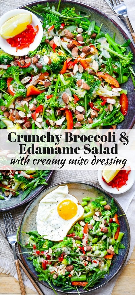 This crunchy broccoli edamame salad is finished with a delicious creamy miso dressing. Dairy free, gluten free and vegan friendly, and packed with filling plant protein! Via nourisheveryday.com