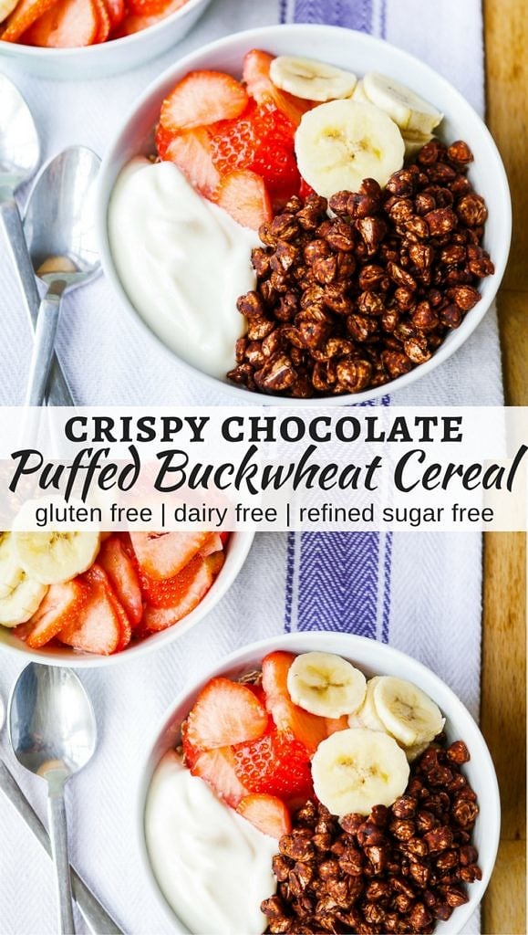 Crispy Chocolate Puffed Buckwheat Cereal - easy healthy Coco Pops! Naturally sweetened and nothing artificial. Gluten free, dairy free, and a vegan option. Recipe via nourisheveryday.com