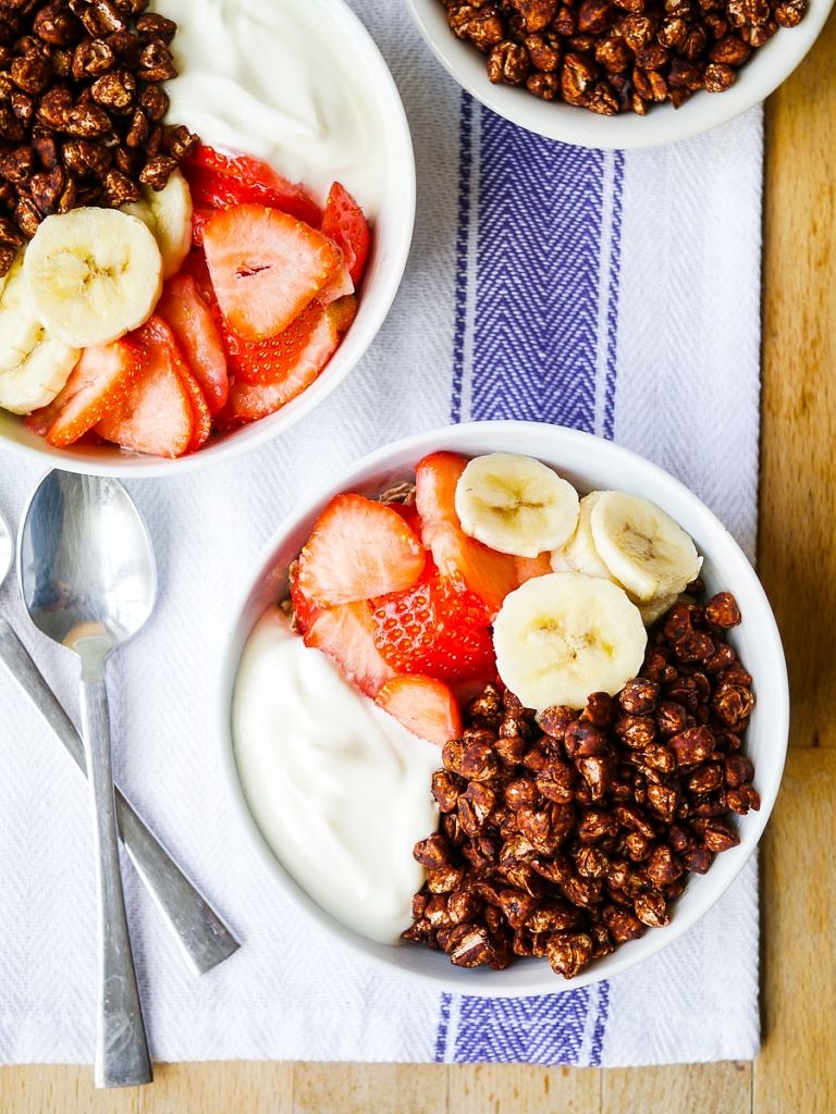 Crispy Chocolate Puffed Buckwheat Cereal - easy healthy Coco Pops! Naturally sweetened and nothing artificial. Gluten free, dairy free, and a vegan option. Recipe via nourisheveryday.com