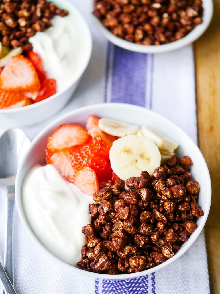 Crispy Chocolate Puffed Buckwheat Cereal - easy healthy Coco Pops! Naturally sweetened and nothing artificial. Gluten free, dairy free, and a vegan option. Recipe via nourisheveryday.com
