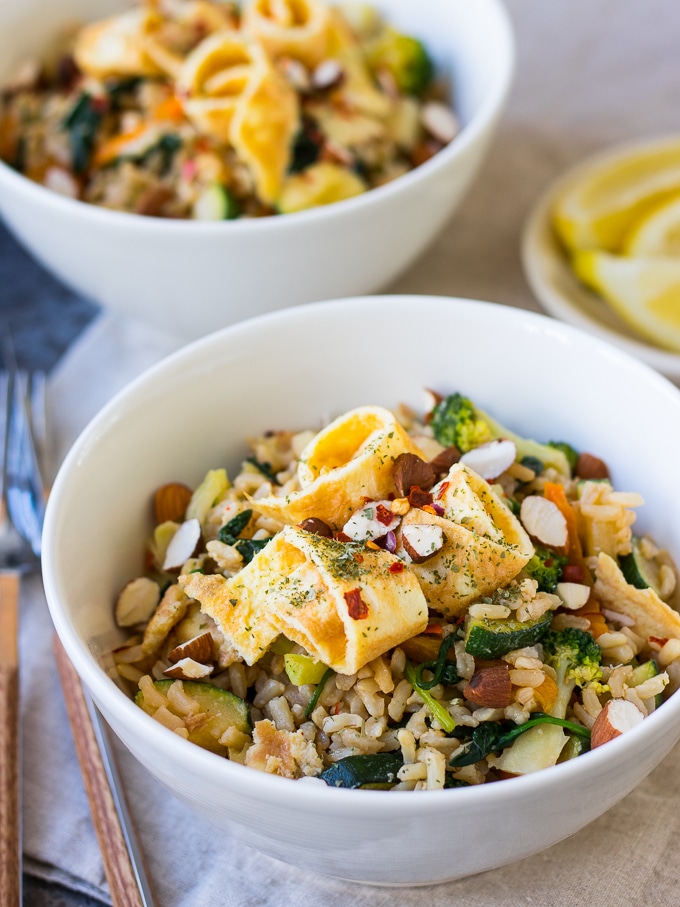 Miso Fried Rice with Egg and Greens is a healthy balanced meal that's super easy and super satisfying. Gluten free, dairy free but full of flavour! A great weeknight dinner.
