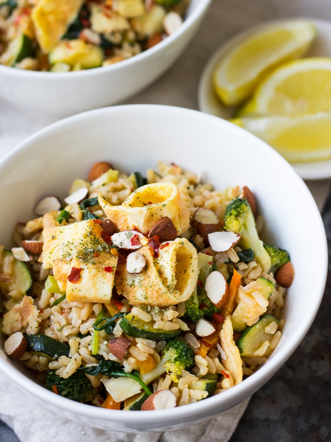 Miso Fried Rice with Egg and Greens is a healthy balanced meal that's super easy and super satisfying. Gluten free, dairy free but full of flavour! A great weeknight dinner.