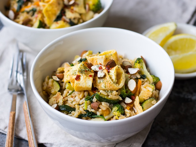 Miso Fried Rice with Egg and Greens is a healthy balanced meal that's super easy and super satisfying. Gluten free, dairy free but full of flavour! A great weeknight dinner.