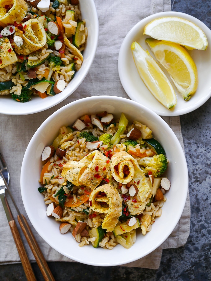 Miso Fried Rice with Egg and Greens is a healthy balanced meal that's super easy and super satisfying. Gluten free, dairy free but full of flavour! A great weeknight dinner.