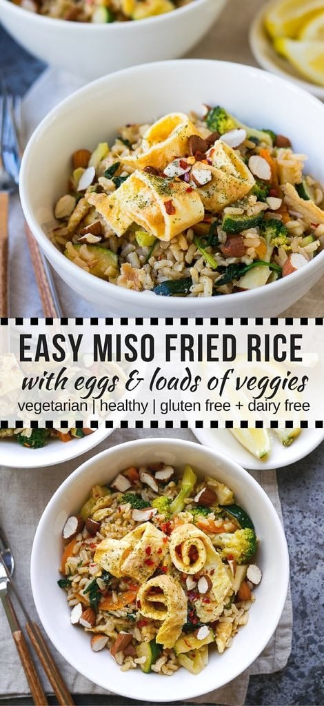 Miso Fried Rice with Egg and Greens is a healthy balanced meal that's super easy and super satisfying. Gluten free, dairy free but full of flavour! A great weeknight dinner.