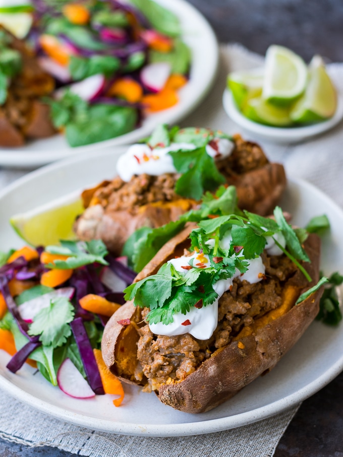 Thai Red Curry Stuffed Sweet Potatoes {gluten free, grain free, dairy free, paleo, nut free} - recipe by Nourish Everyday