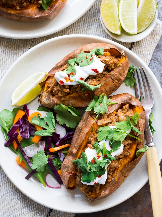 Thai Red Curry Stuffed Sweet Potatoes {gluten free, grain free, dairy free, paleo, nut free} - recipe by Nourish Everyday